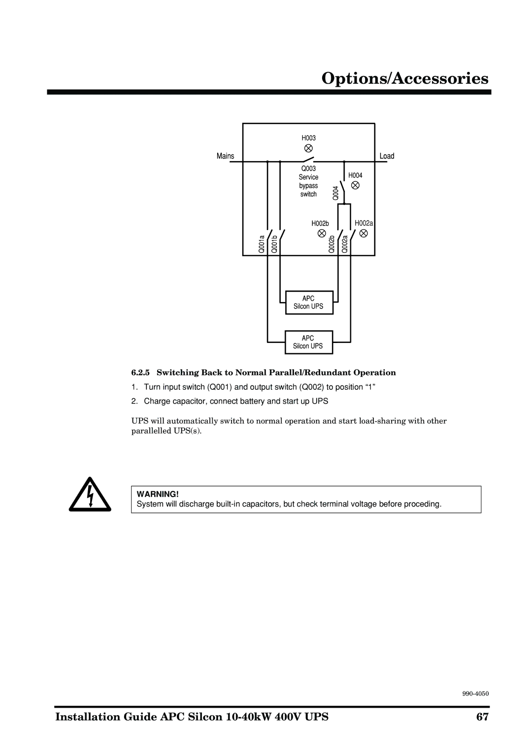 APC 10-40KW 400V UPS manual Switching Back to Normal Parallel/Redundant Operation 