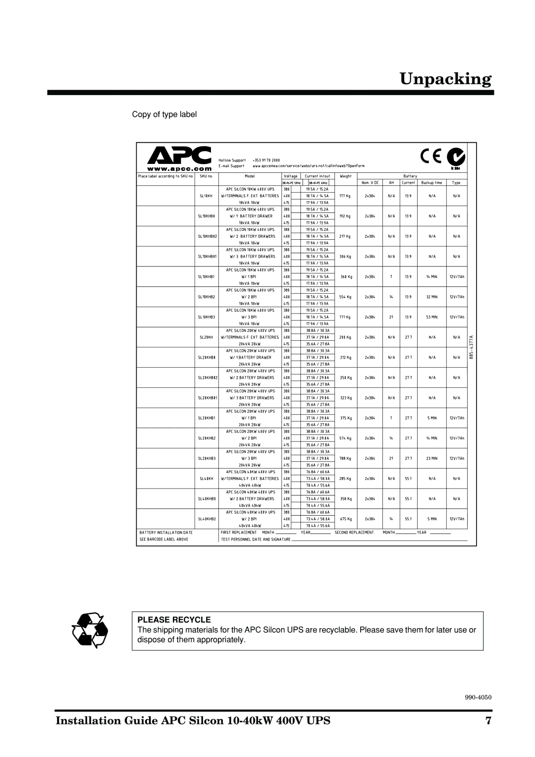 APC 10-40KW 400V UPS manual Please Recycle 