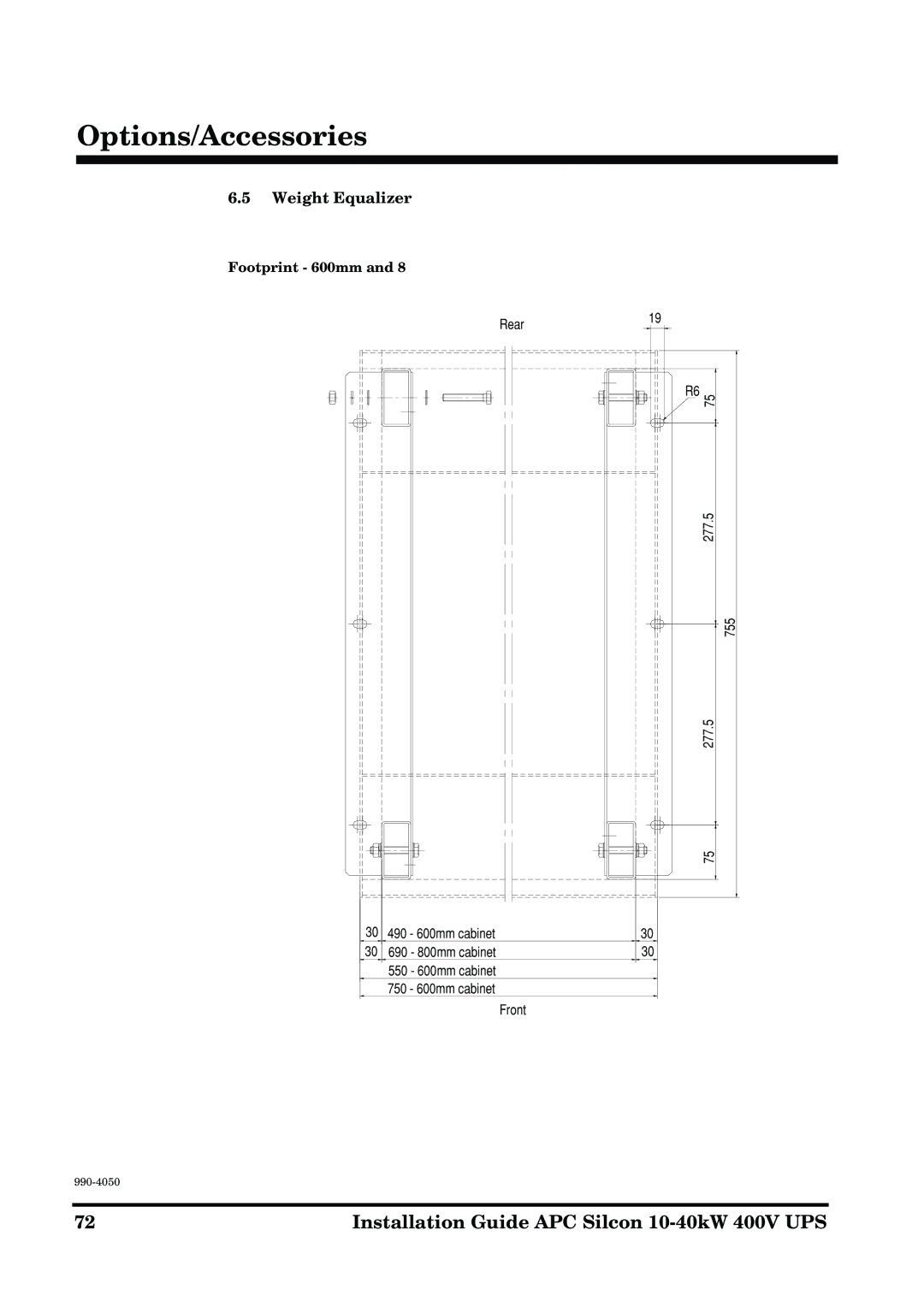 APC 10-40KW 400V UPS manual Weight Equalizer, Footprint 600mm 