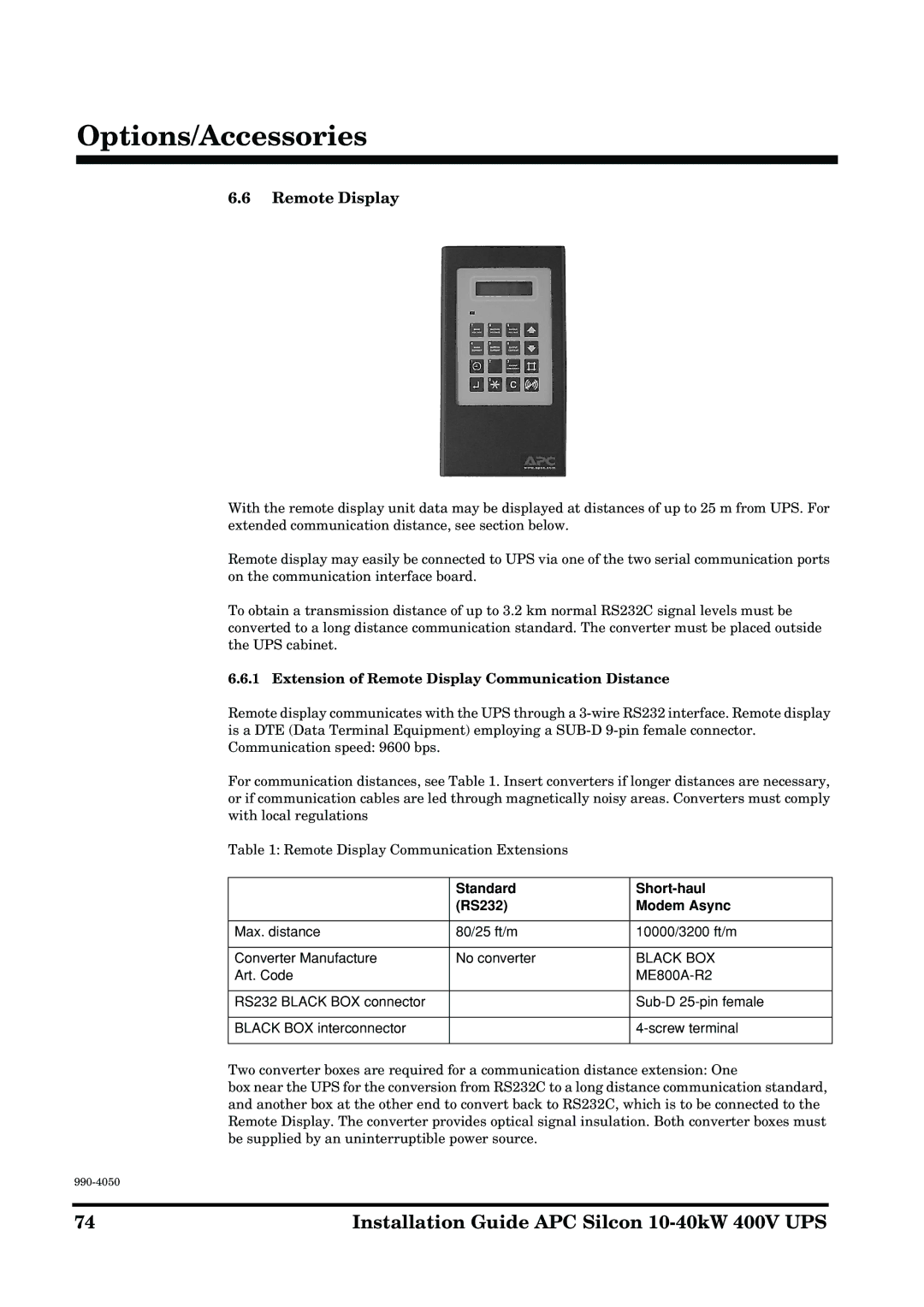 APC 10-40KW 400V UPS manual Extension of Remote Display Communication Distance, Standard Short-haul RS232 Modem Async 