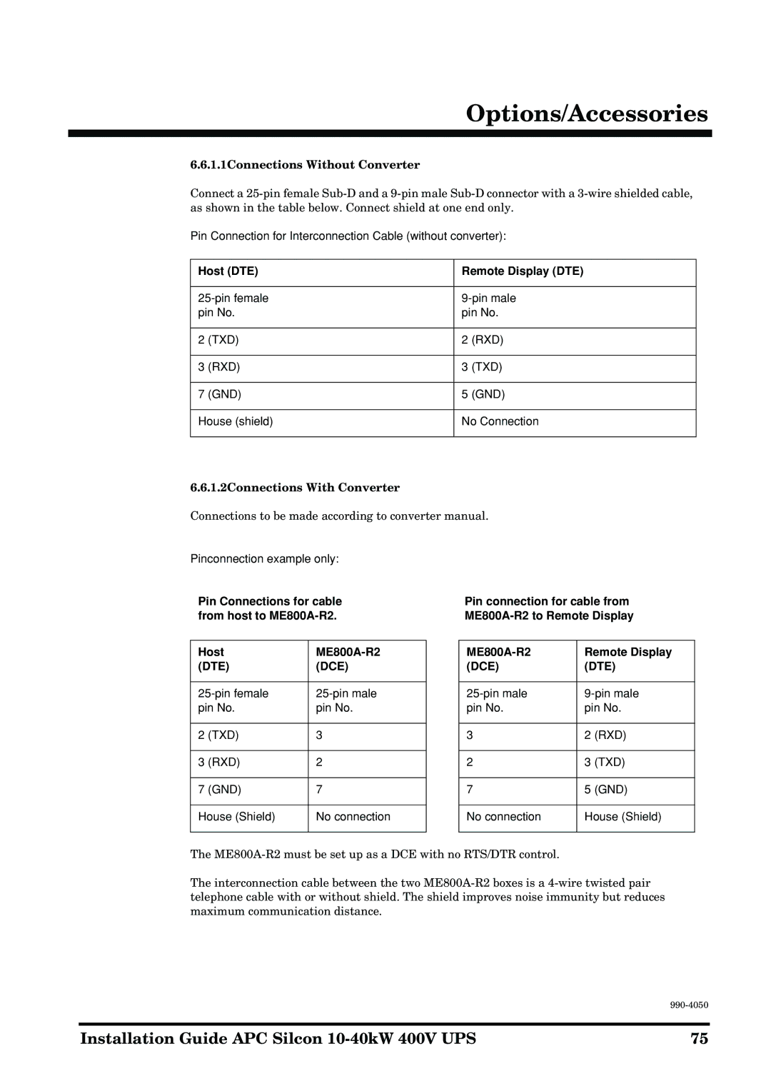 APC 10-40KW 400V UPS manual 1.1Connections Without Converter, Host DTE Remote Display DTE, 1.2Connections With Converter 