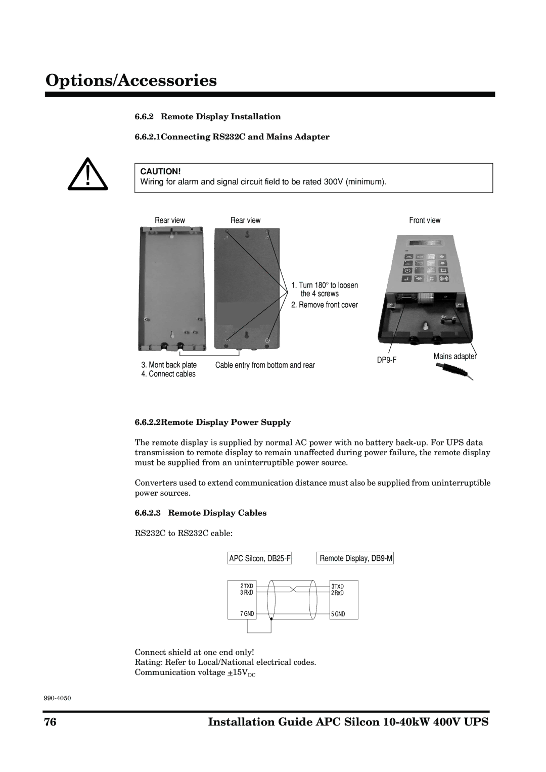 APC 10-40KW 400V UPS manual 2.2Remote Display Power Supply, Remote Display Cables 