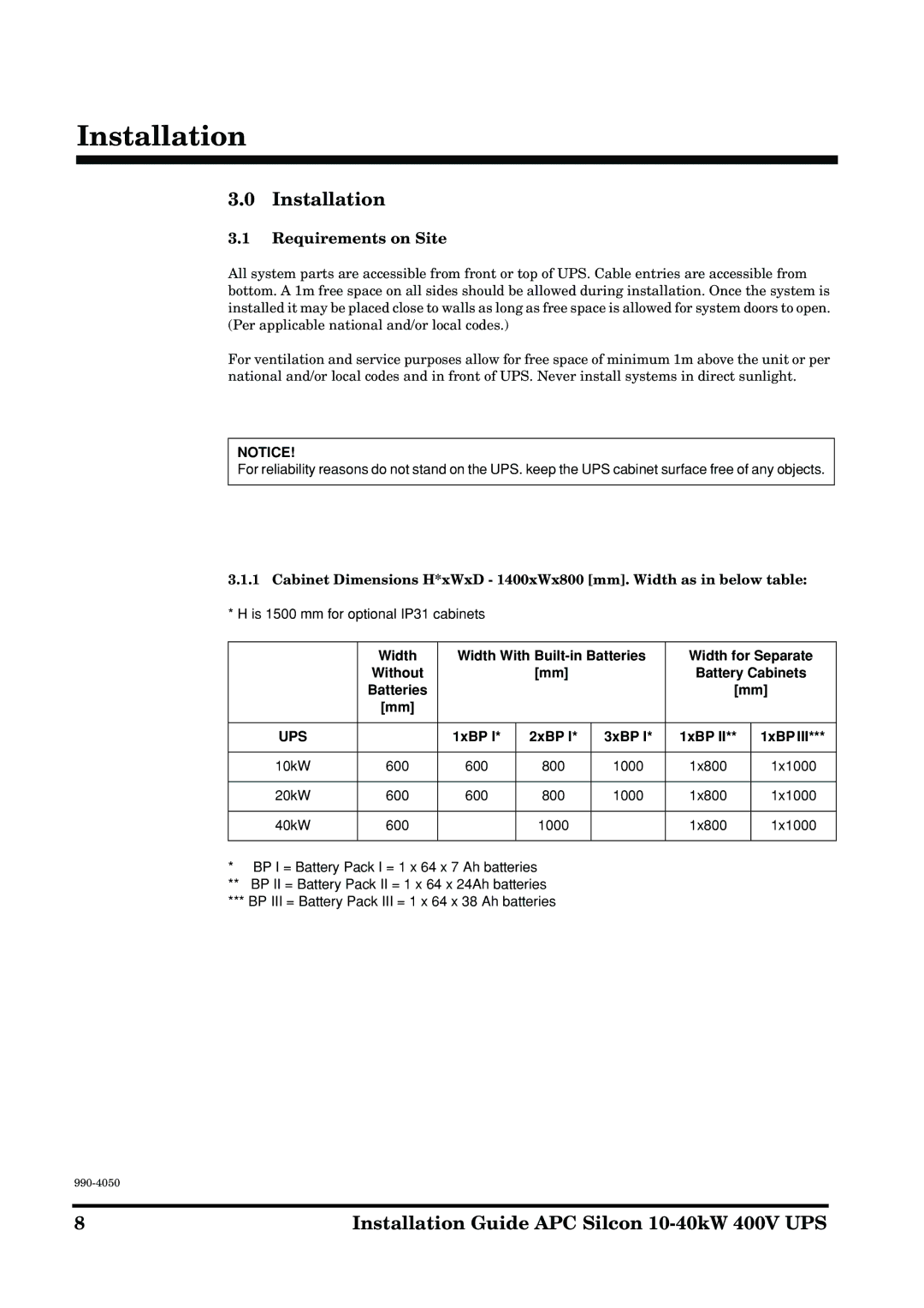 APC 10-40KW 400V UPS manual Installation, Requirements on Site, 1xBP 2xBP 3xBP 