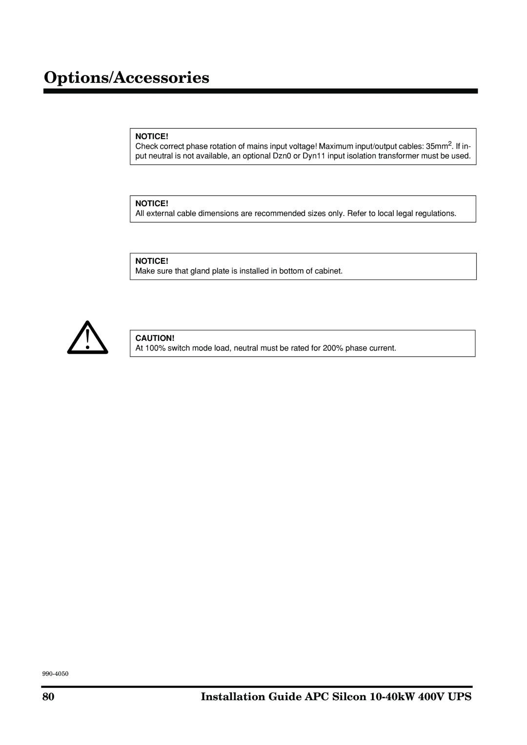 APC 10-40KW 400V UPS manual Options/Accessories 