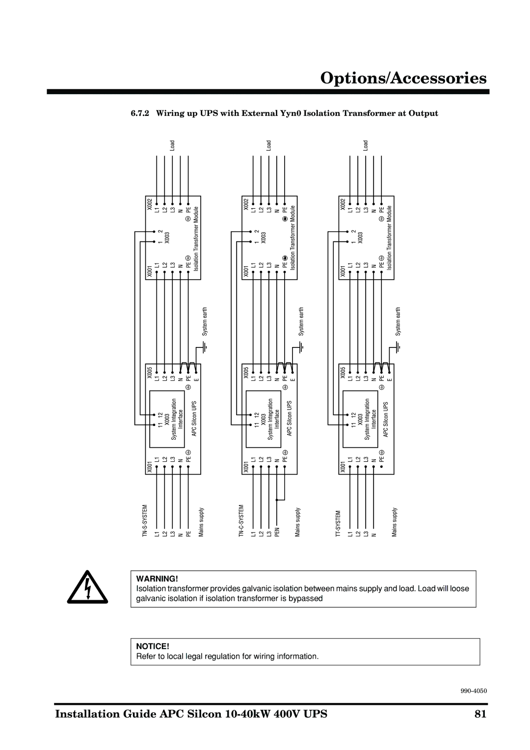 APC 10-40KW 400V UPS manual Options/Accessories 