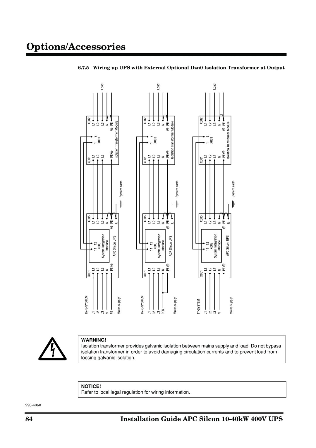 APC 10-40KW 400V UPS manual Options/Accessories 