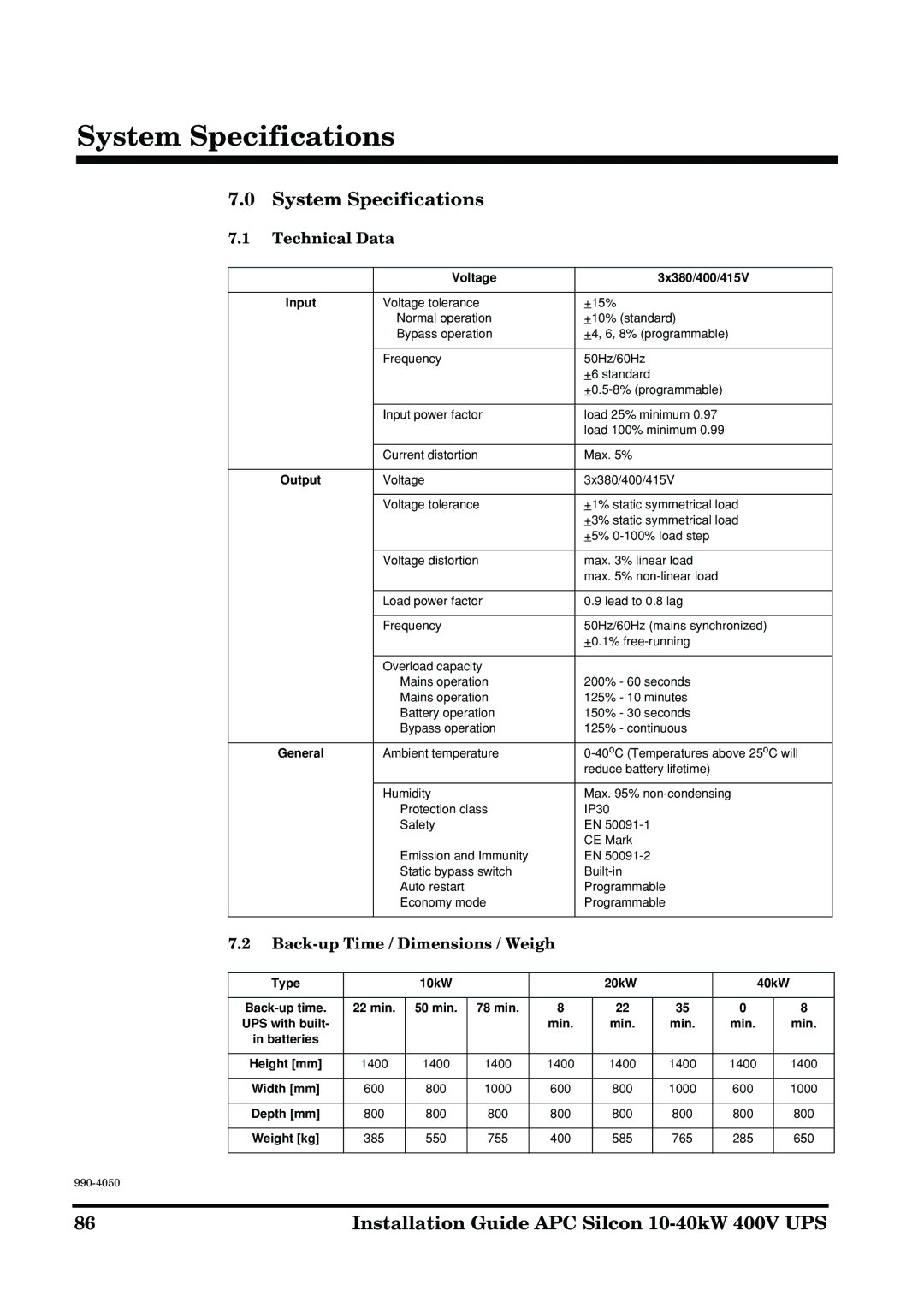 APC 10-40KW 400V UPS manual System Specifications, Technical Data, Back-up Time / Dimensions / Weigh 