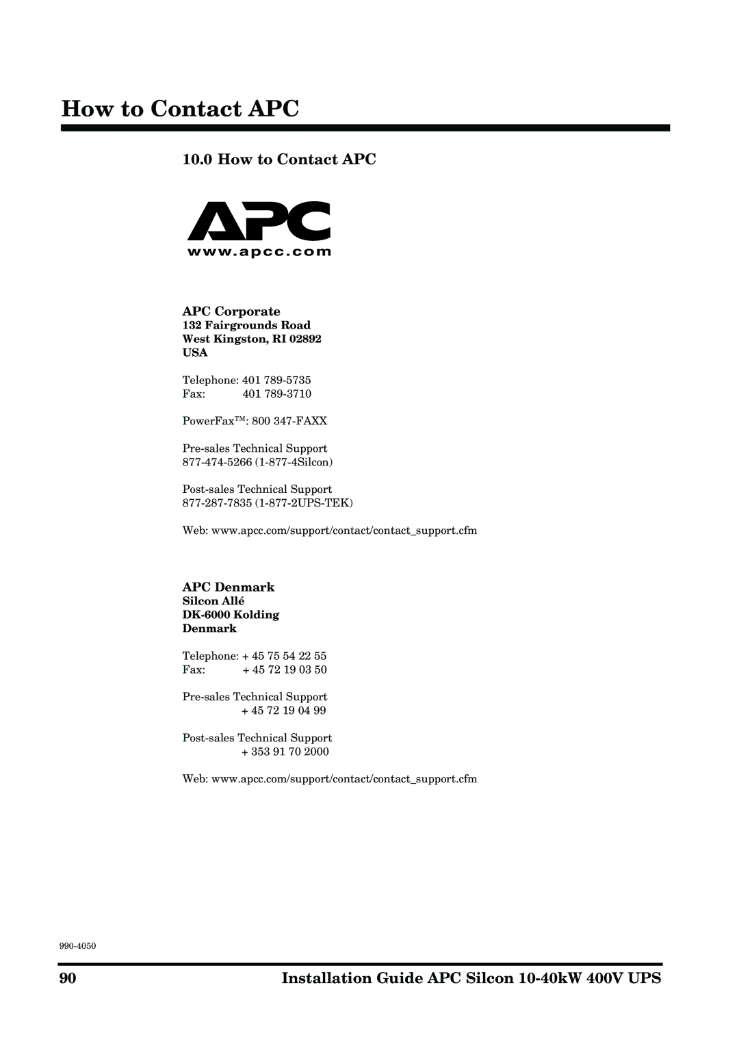 APC 10-40KW 400V UPS manual How to Contact APC, APC Corporate, APC Denmark 