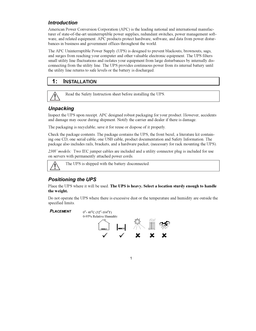 APC 1000VA user manual Introduction, Unpacking, Positioning the UPS 