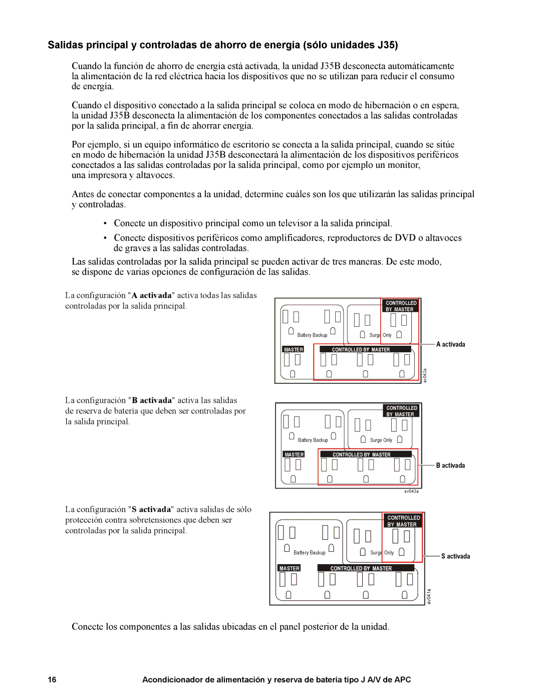 APC 120 V, J35B, J25B, 865 W, 1440 VA manual Activada 