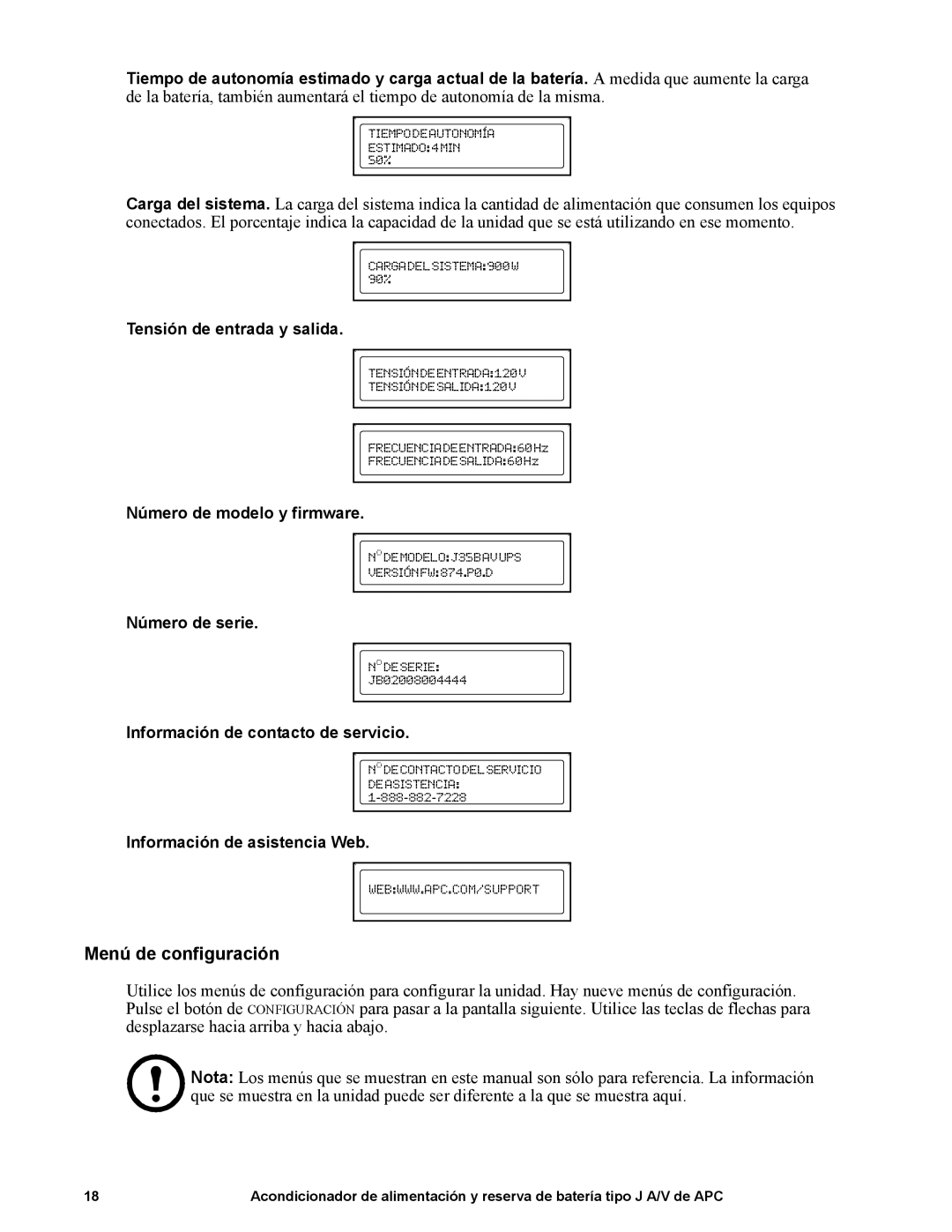 APC J25B, 120 V, J35B, 865 W, 1440 VA manual Menú de configuración, Tensión de entrada y salida 