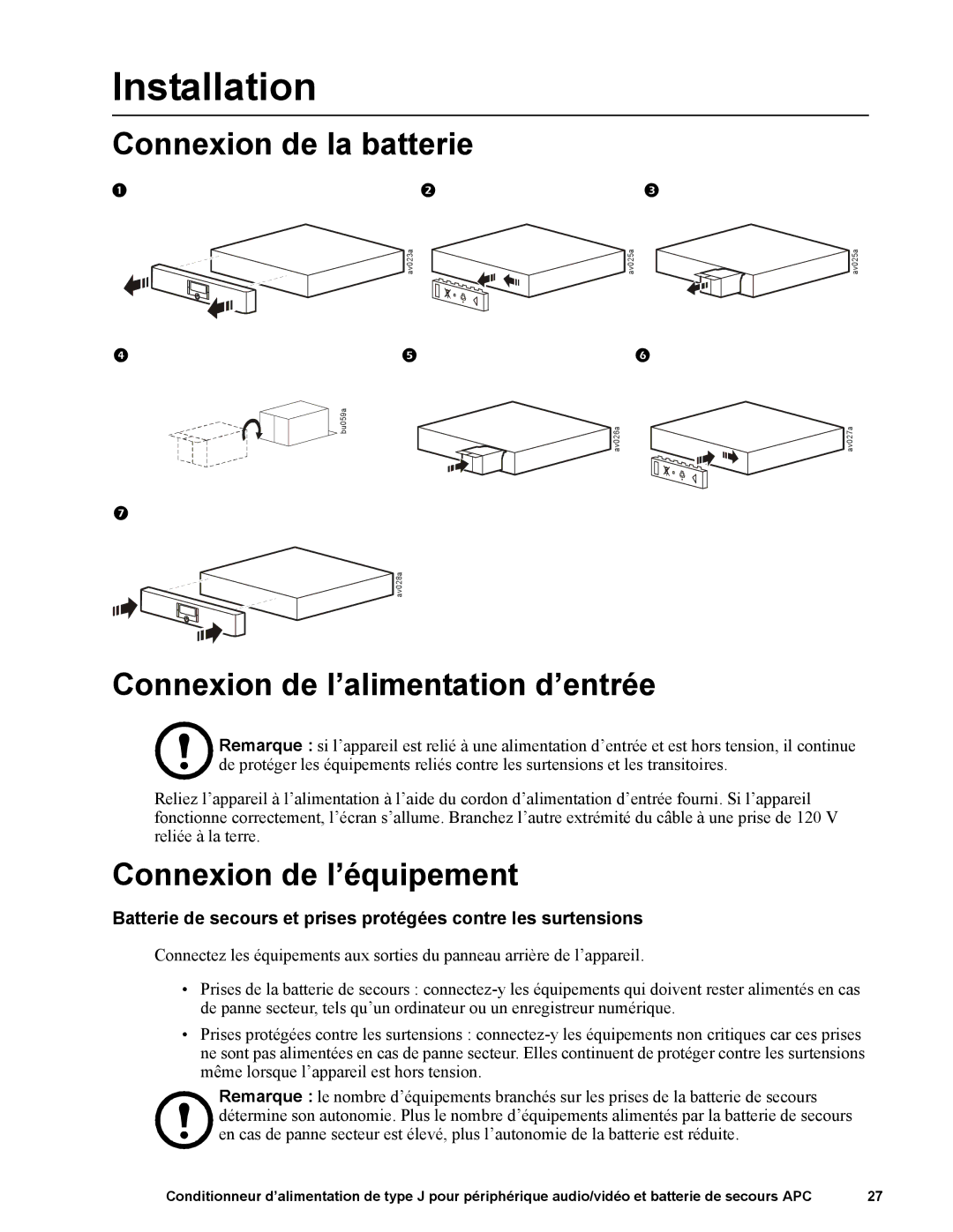 APC J35B, 120 V Installation, Connexion de la batterie, Connexion de l’alimentation d’entrée, Connexion de l’équipement 