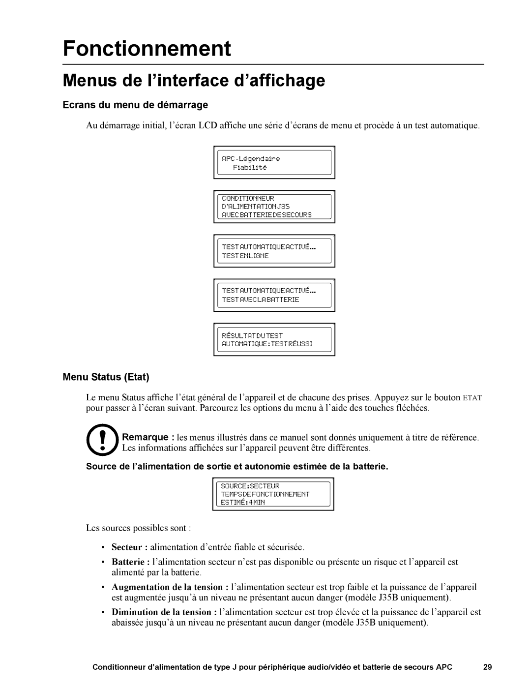 APC 865 W, 120 V, J35B, J25B Fonctionnement, Menus de l’interface d’affichage, Ecrans du menu de démarrage, Menu Status Etat 