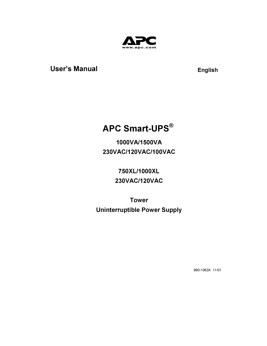 APC 750XL, 120VAC, SUA1500X93, 1500VA, 230VAC, 1000XL user manual APC Smart-UPS 