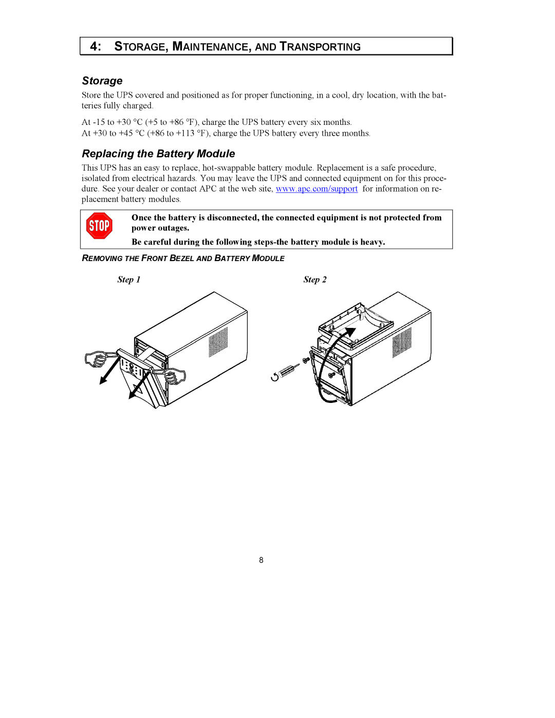 APC 230VAC, 120VAC, 750XL, SUA1500X93, 1500VA, 1000XL user manual Storage, Replacing the Battery Module 