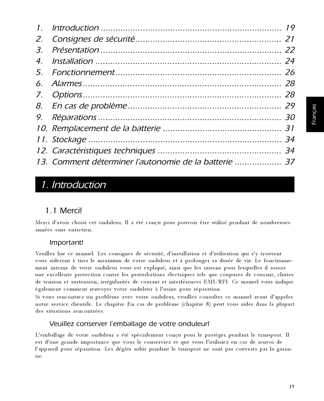 APC 1000, 1400, 650, 420 user manual Merci, Veuillez conserver l’emballage de votre onduleur 