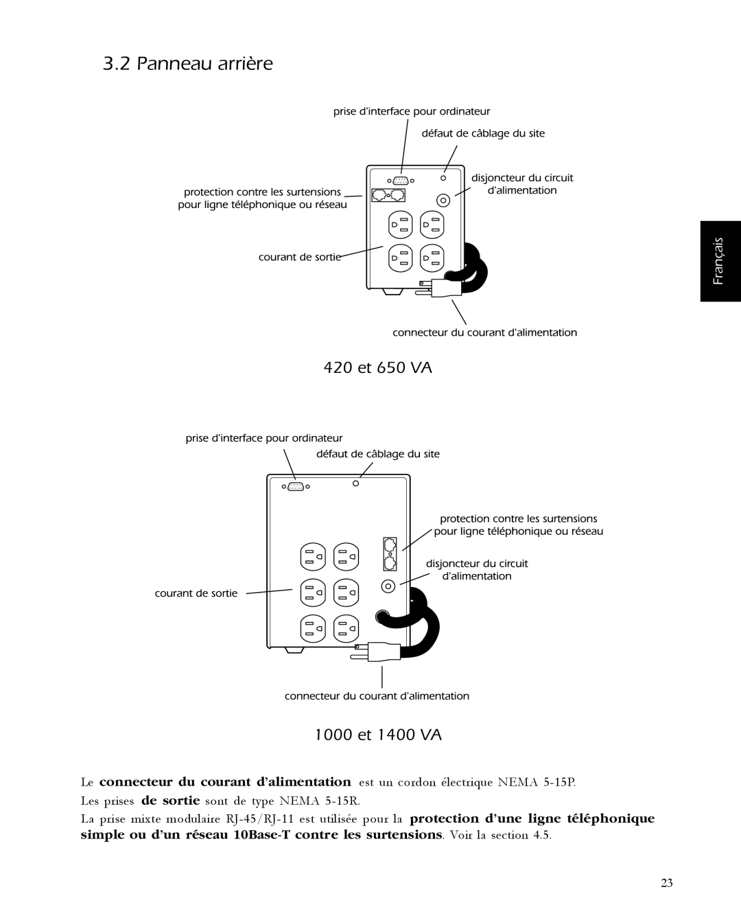 APC user manual Panneau arrière, 420 et 650 VA 1000 et 1400 VA 