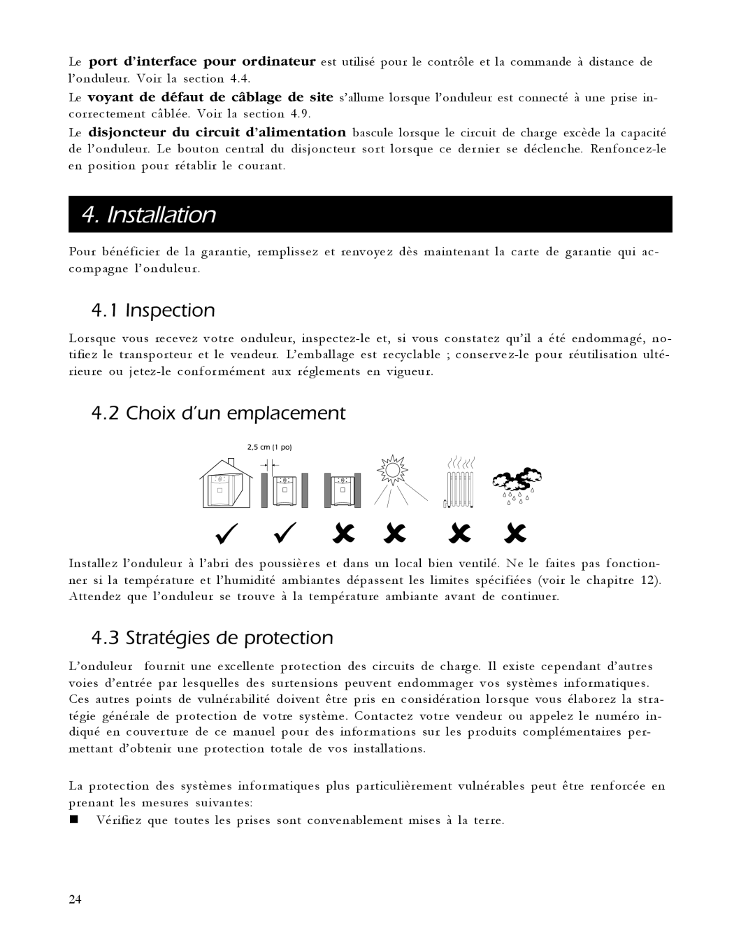 APC 1400, 650, 420, 1000 user manual Choix d’un emplacement, Stratégies de protection 