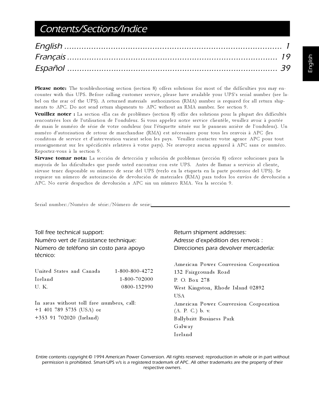 APC 1000, 1400, 650, 420 user manual Contents/Sections/Indice 