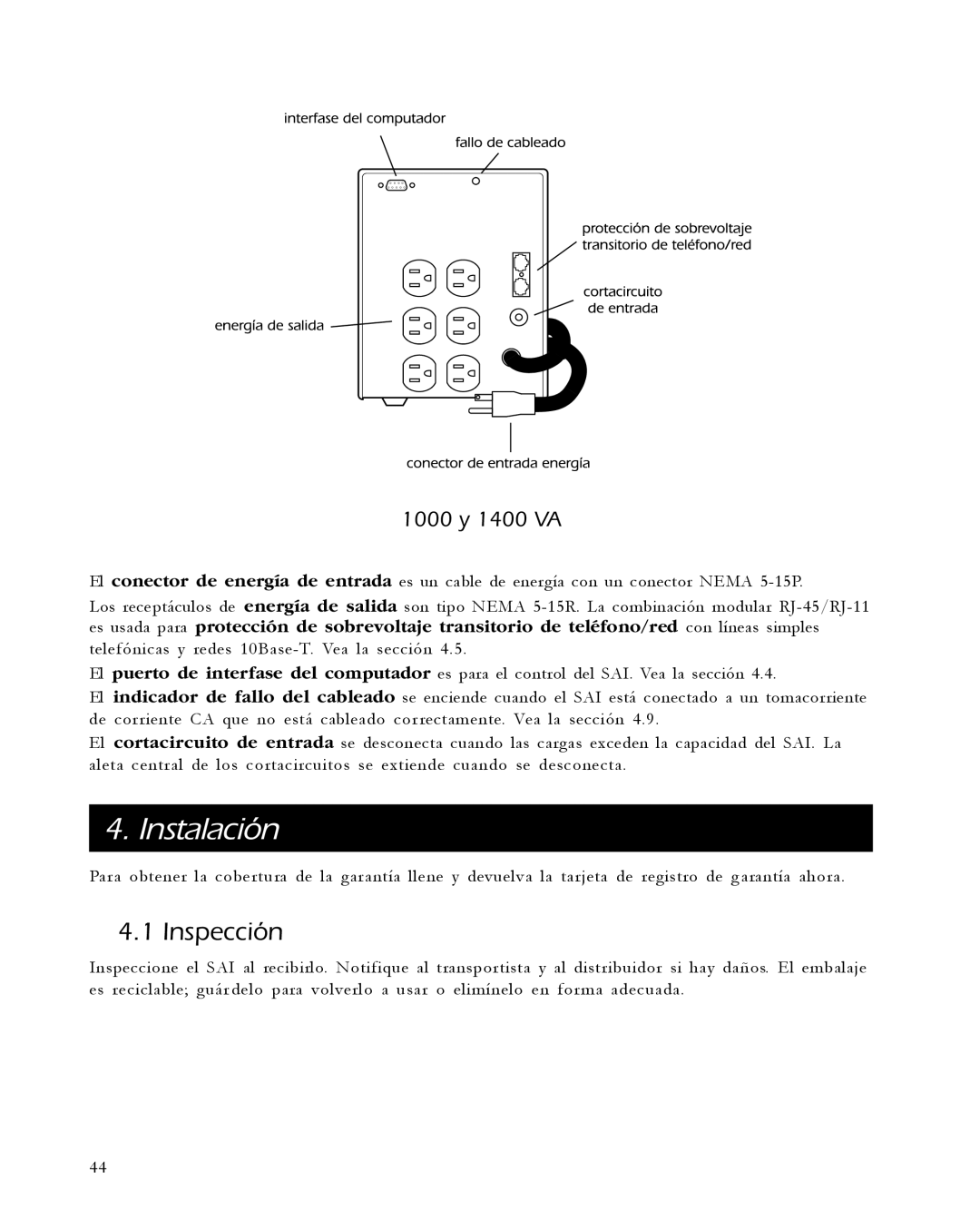 APC 650, 420 user manual Instalación, Inspección, 1000 y 1400 VA 