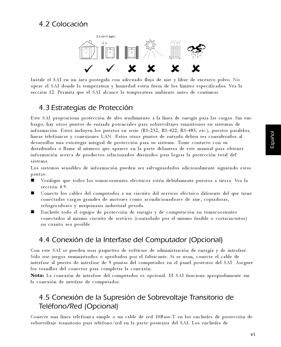 APC 650, 1400, 420, 1000 user manual Colocación, Estrategias de Protección, Conexión de la Interfase del Computador Opcional 