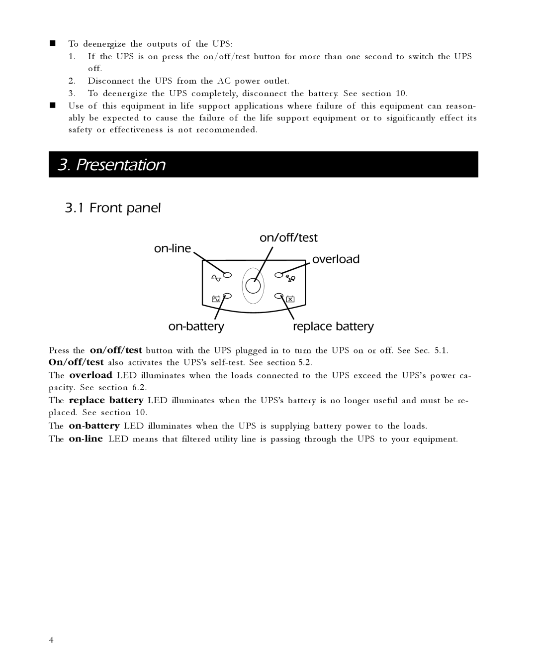 APC 1400, 650, 420, 1000 user manual Presentation, Front panel 