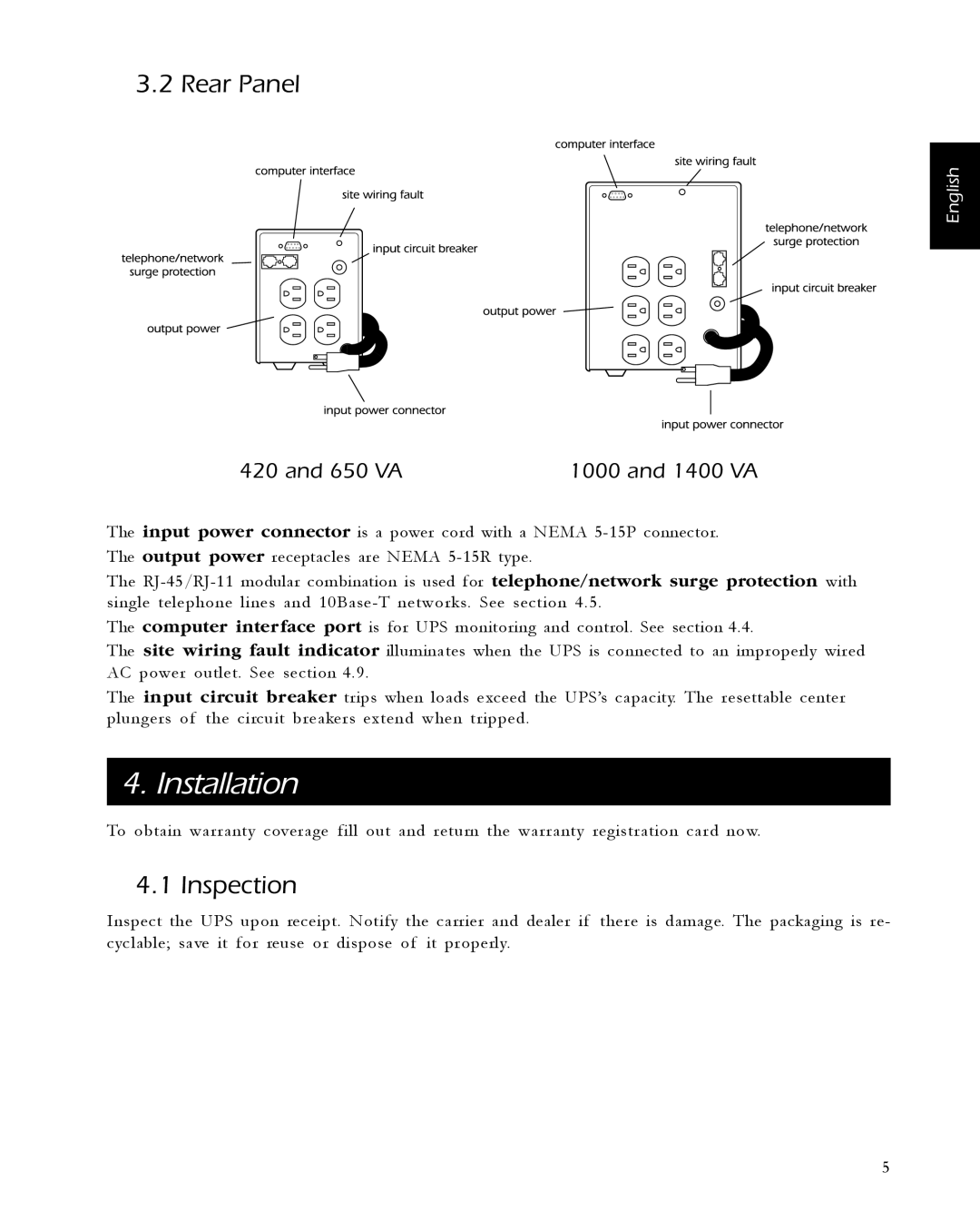 APC 420, 1000 user manual Installation, Rear Panel, Inspection, 650 VA 1400 VA 