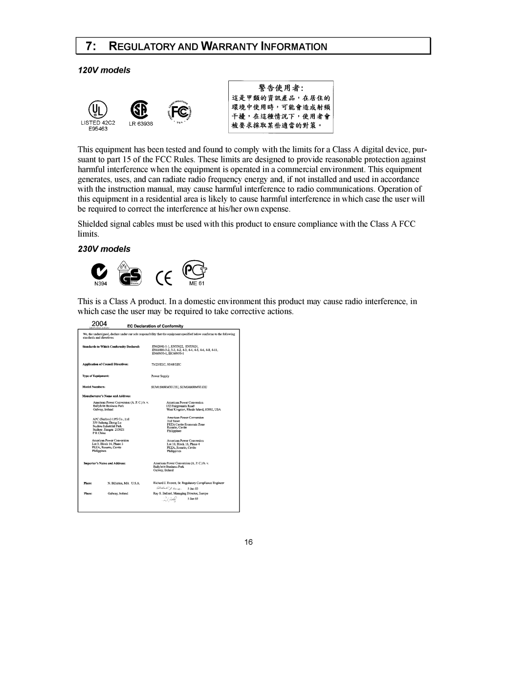 APC 1500 VA, 3000 VA, SUM3000RMXL2U user manual Regulatory and Warranty Information 