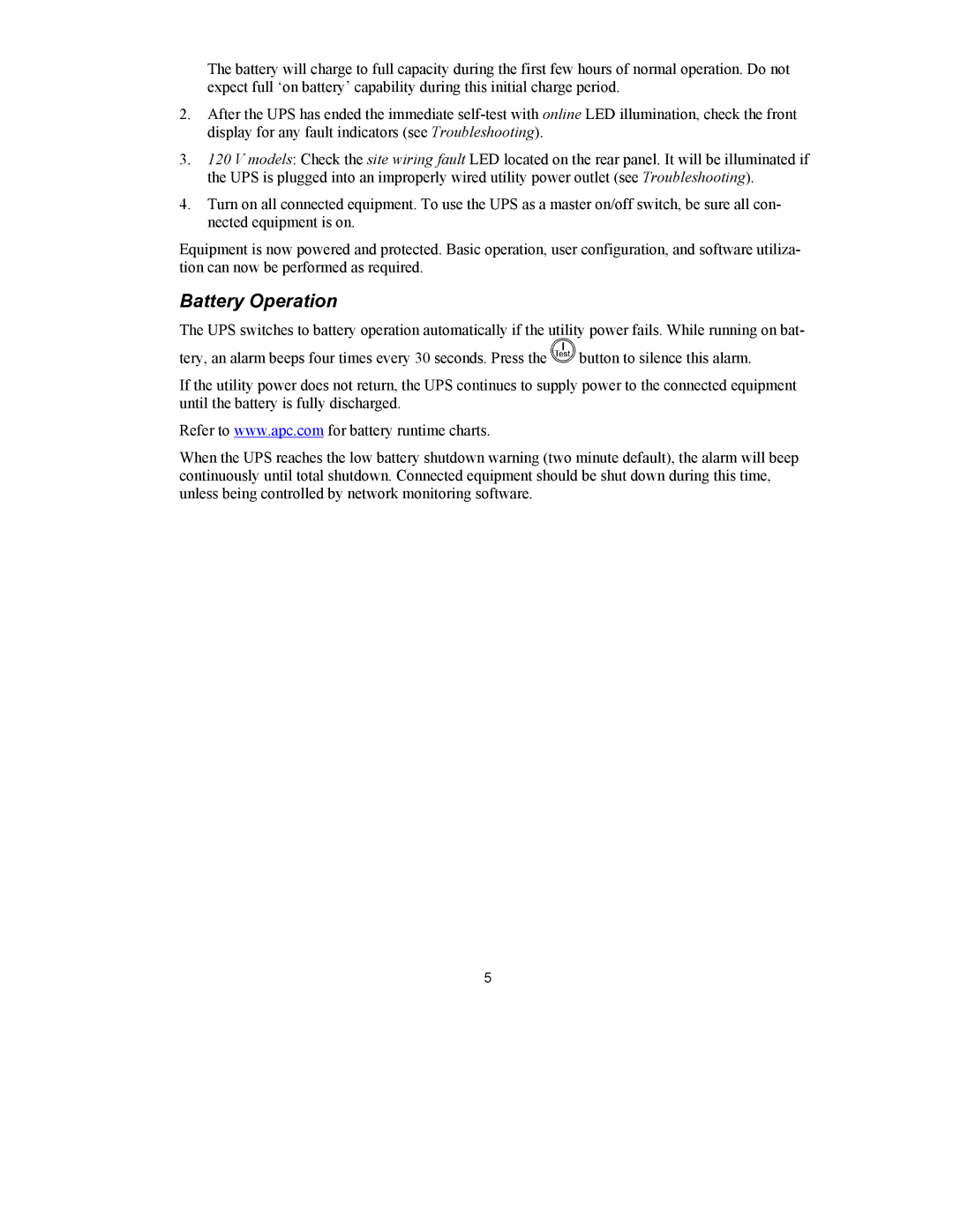 APC 3000 VA, 1500 VA, SUM3000RMXL2U user manual Battery Operation 