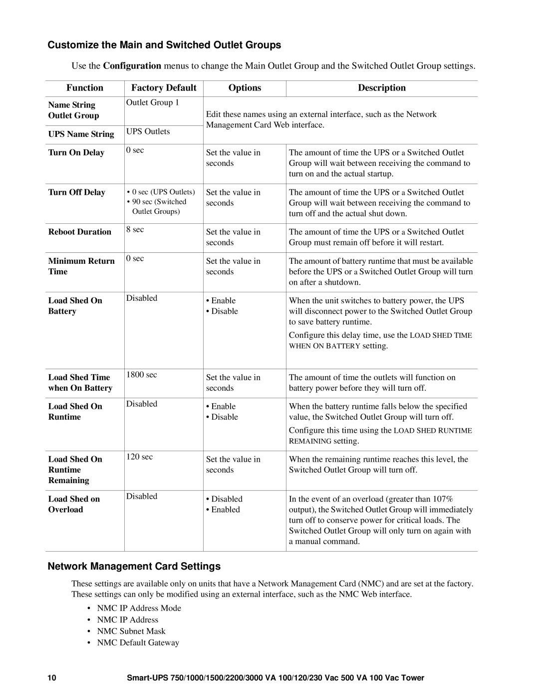 APC 120 Vac, 1500 VA, 750 VA, 230 Vac Customize the Main and Switched Outlet Groups, Network Management Card Settings 
