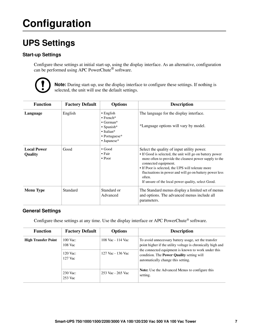 APC 750 VA Configuration, UPS Settings, Start-up Settings, Function Factory Default Options Description, General Settings 