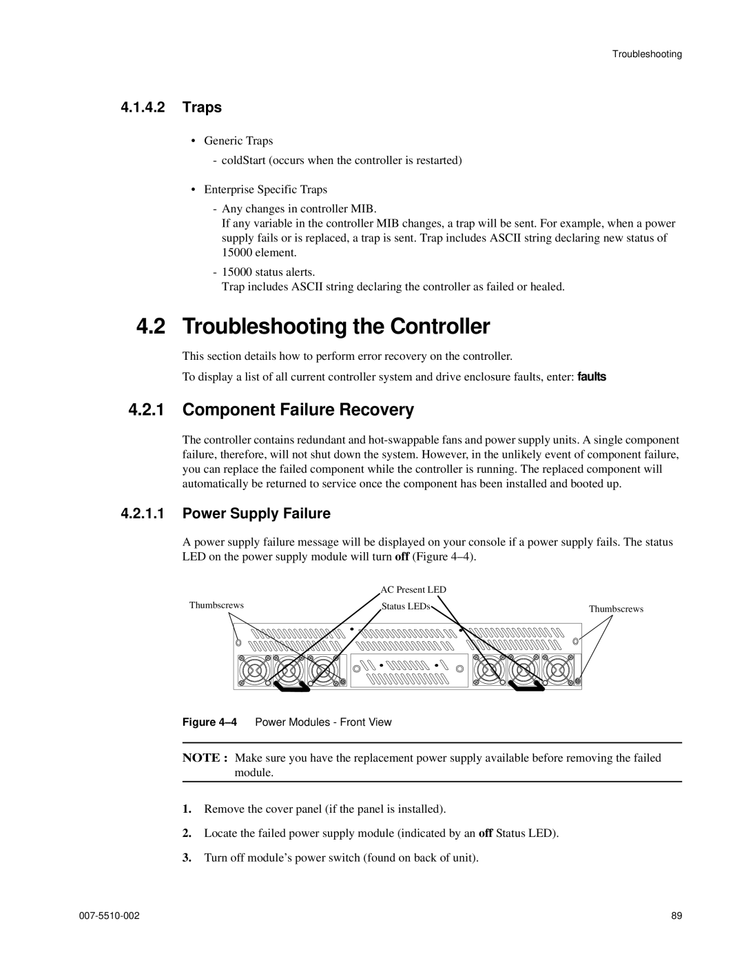 APC 15000 RAID manual Troubleshooting the Controller, Component Failure Recovery, Traps, Power Supply Failure 