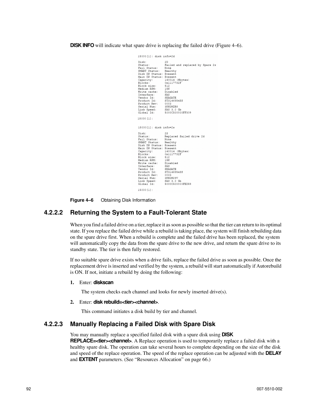 APC 15000 RAID manual Returning the System to a Fault-Tolerant State, Manually Replacing a Failed Disk with Spare Disk 