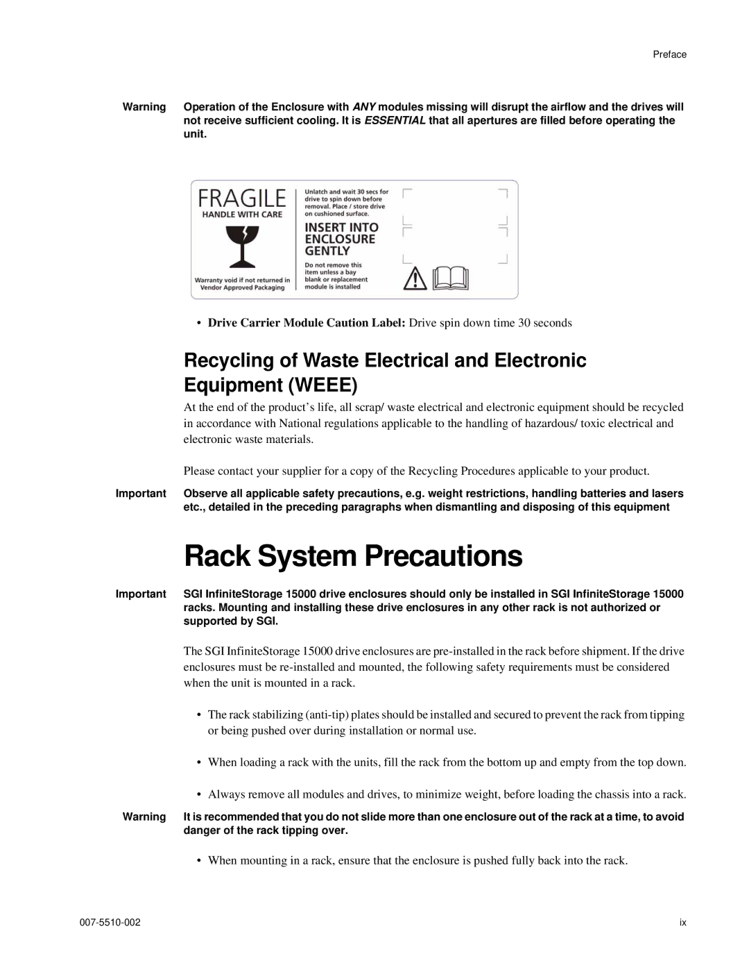 APC 15000 RAID manual Rack System Precautions, Recycling of Waste Electrical and Electronic Equipment Weee 