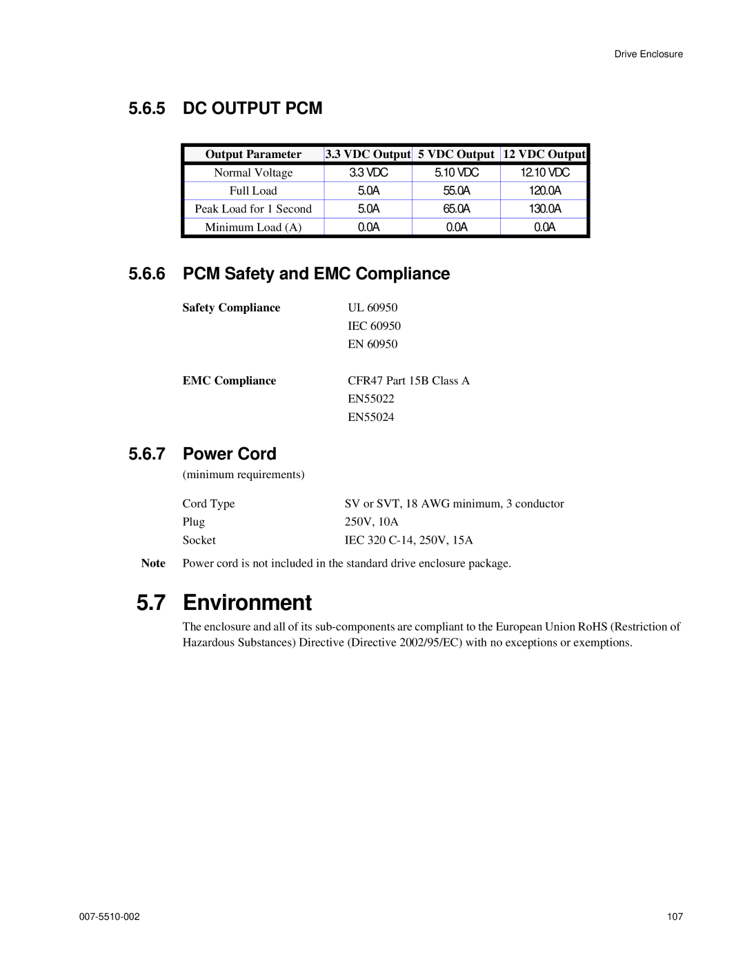 APC 15000 RAID manual Environment, PCM Safety and EMC Compliance, Power Cord 