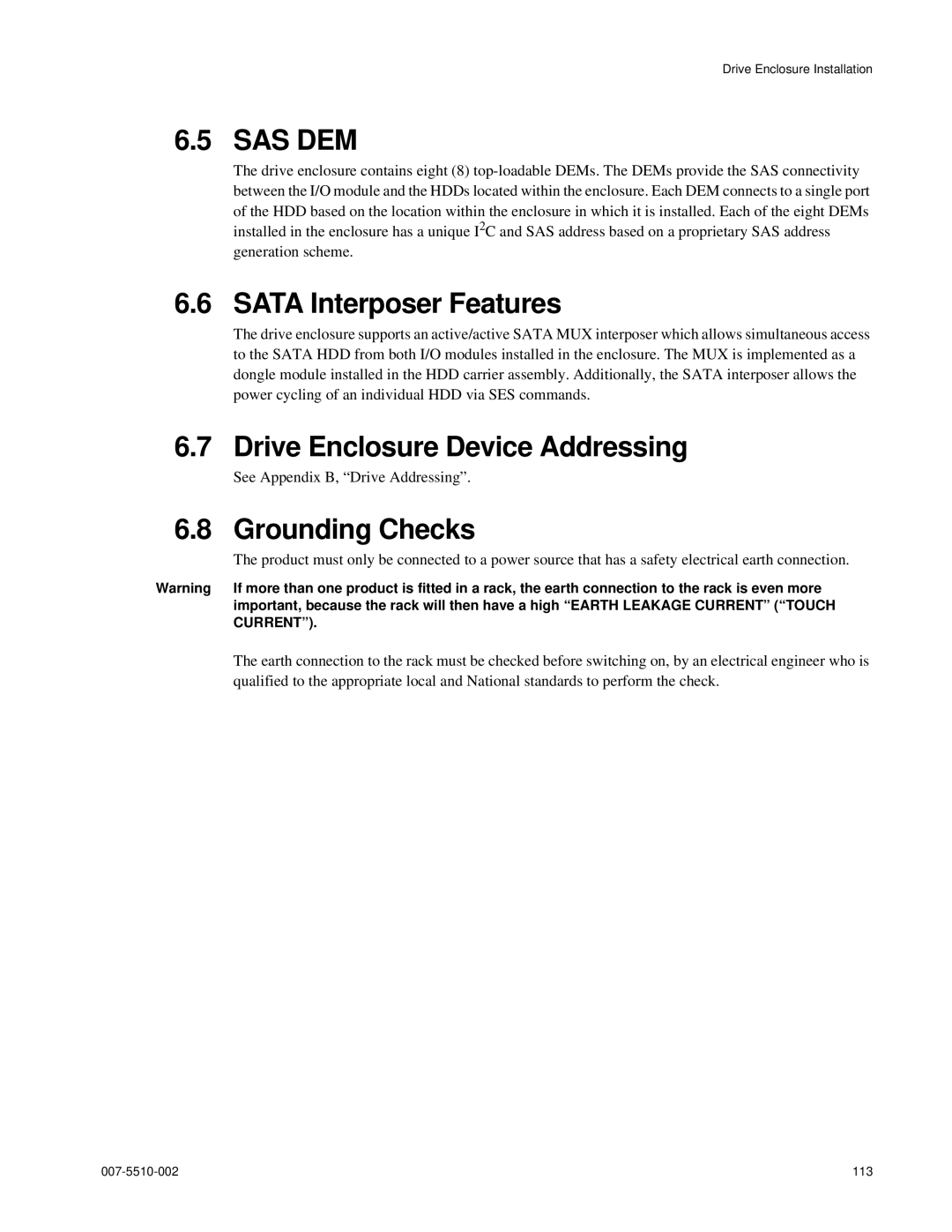 APC 15000 RAID manual Sata Interposer Features, Drive Enclosure Device Addressing, Grounding Checks 