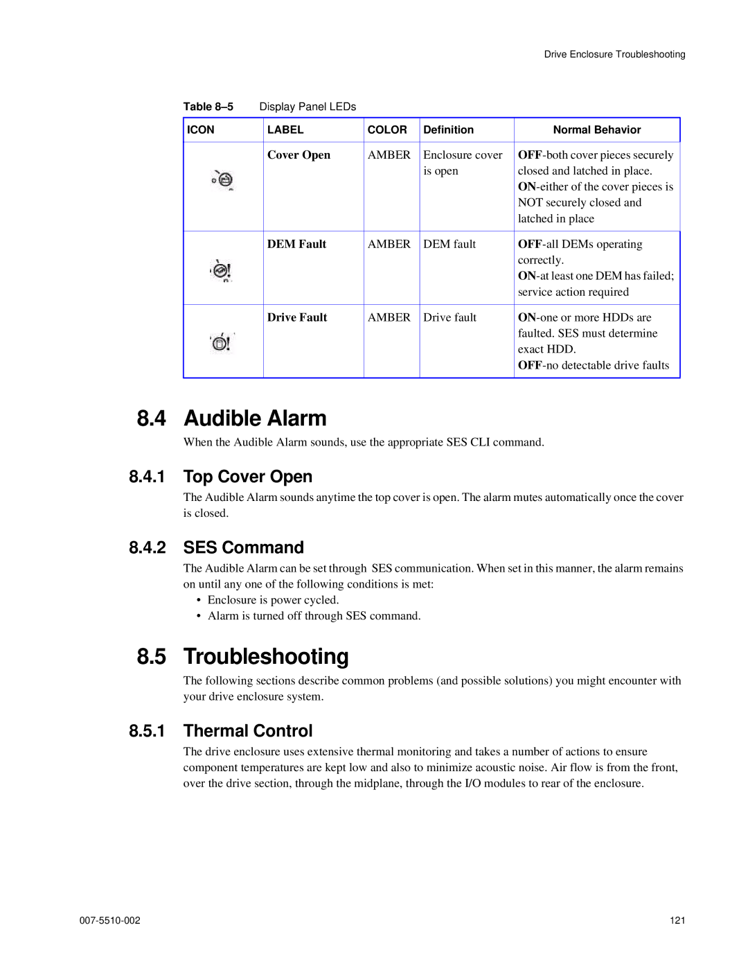 APC 15000 RAID manual Audible Alarm, Troubleshooting, Top Cover Open, SES Command, Thermal Control 