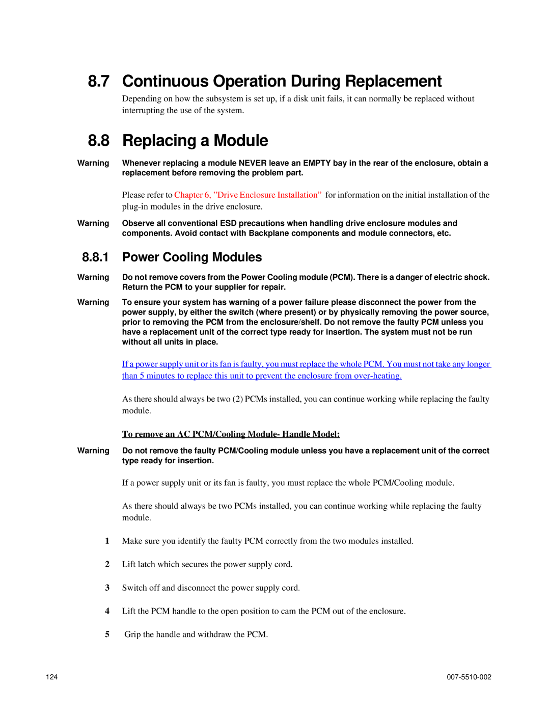 APC 15000 RAID manual Continuous Operation During Replacement, Replacing a Module, Power Cooling Modules 