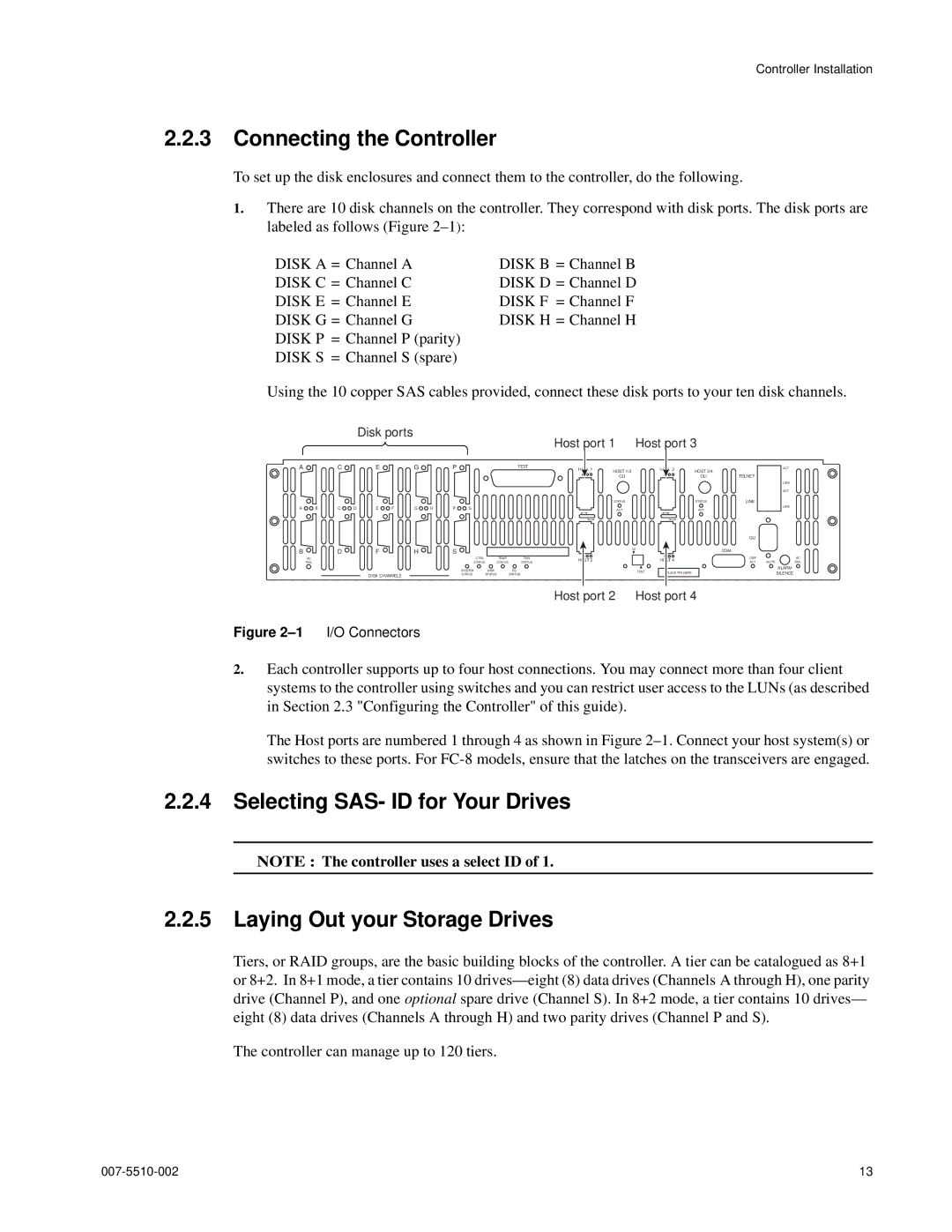 APC 15000 RAID manual Connecting the Controller, Disk ports Host port 1 Host port 