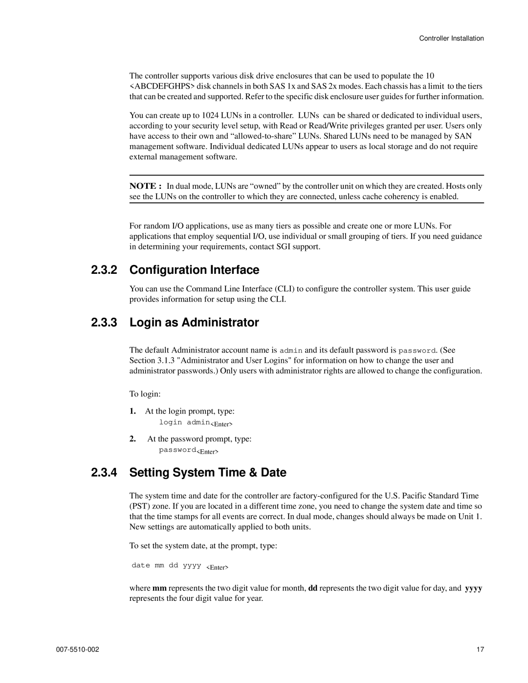 APC 15000 RAID manual Configuration Interface, Login as Administrator, Setting System Time & Date 