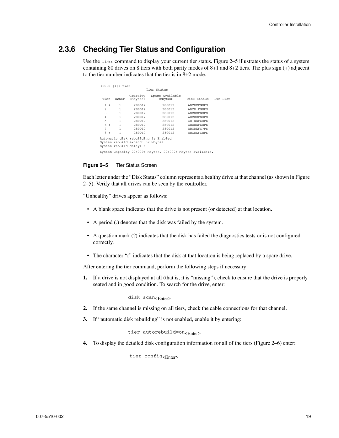 APC 15000 RAID manual Checking Tier Status and Configuration, 5Tier Status Screen 