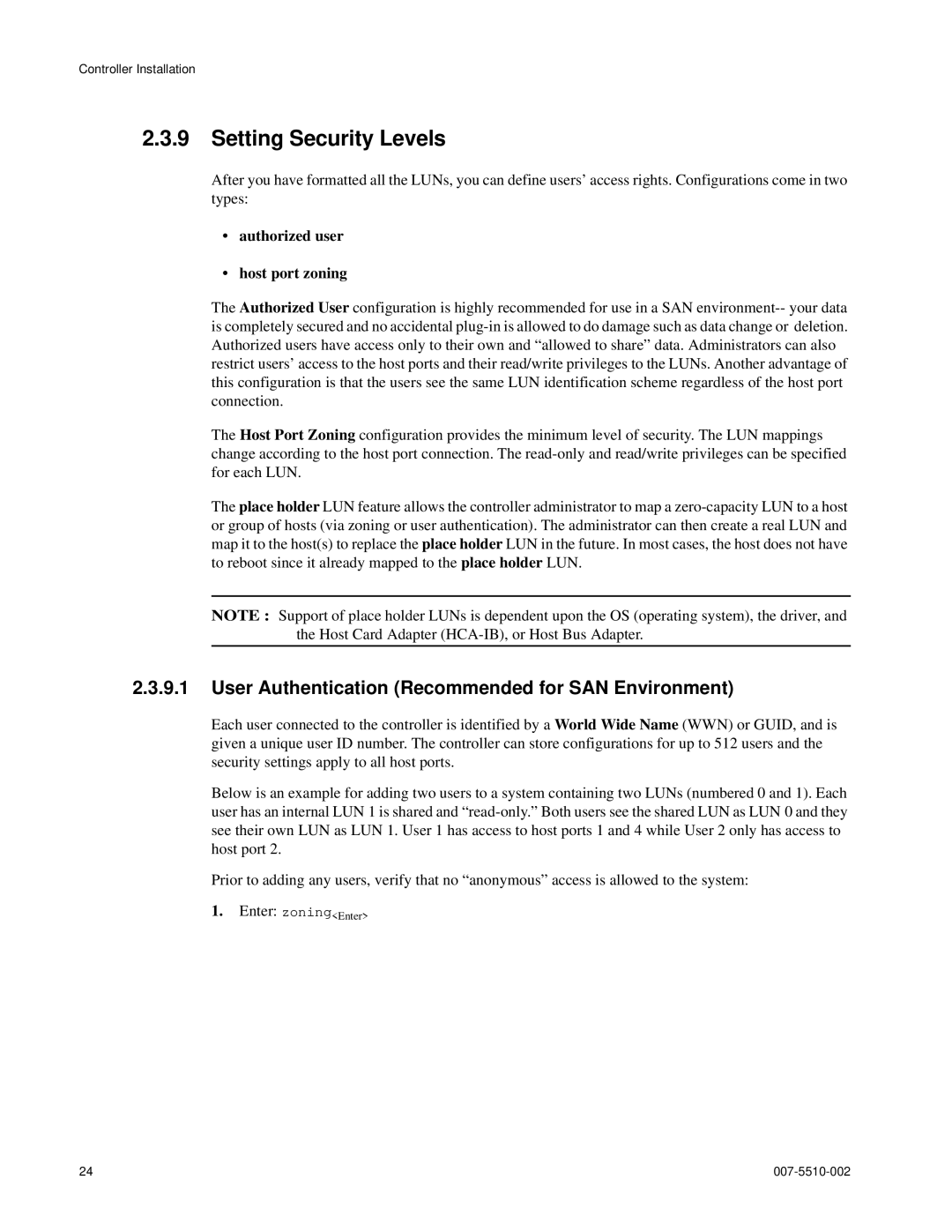 APC 15000 RAID manual Setting Security Levels, User Authentication Recommended for SAN Environment 