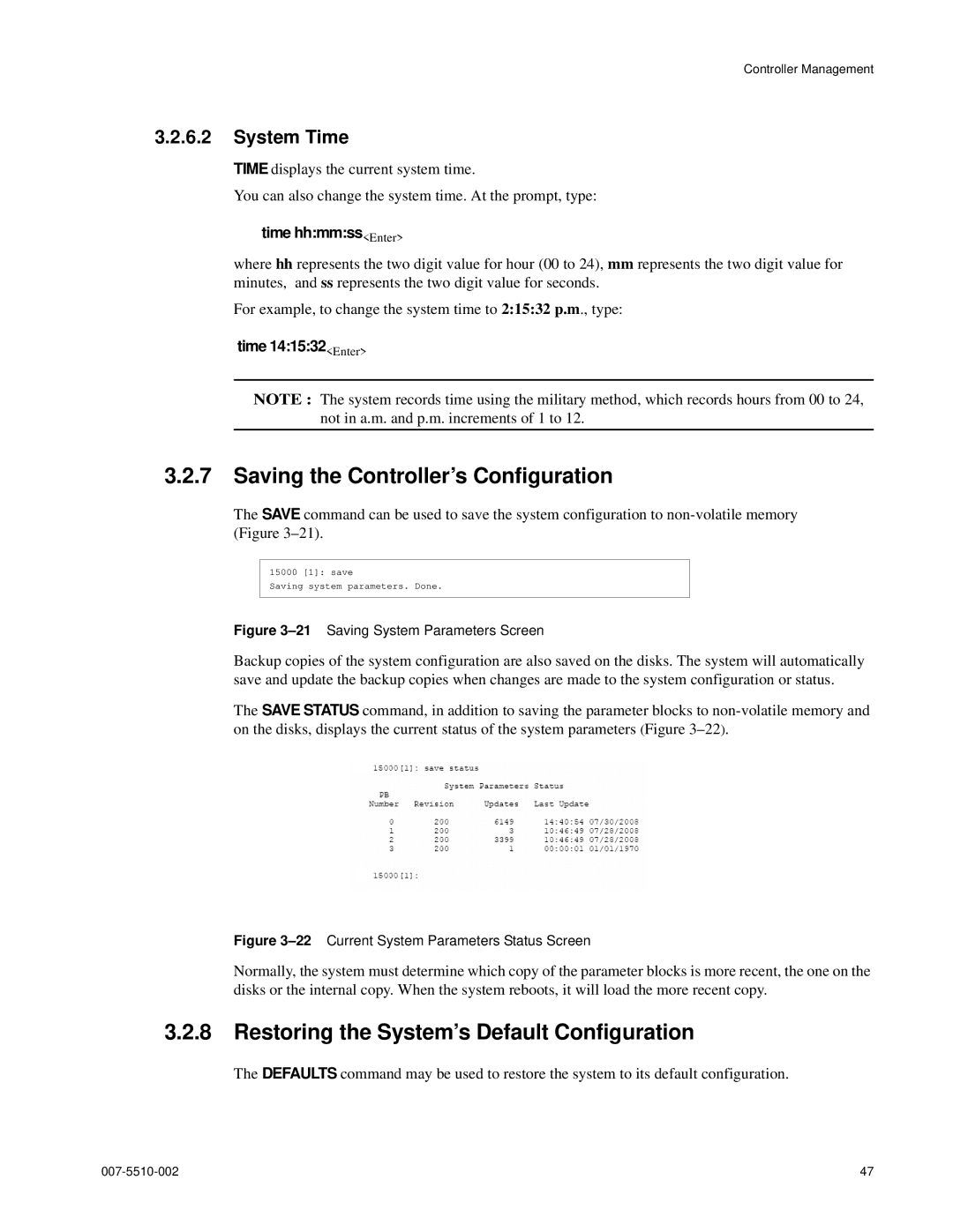 APC 15000 RAID manual Saving the Controller’s Configuration, Restoring the System’s Default Configuration, System Time 