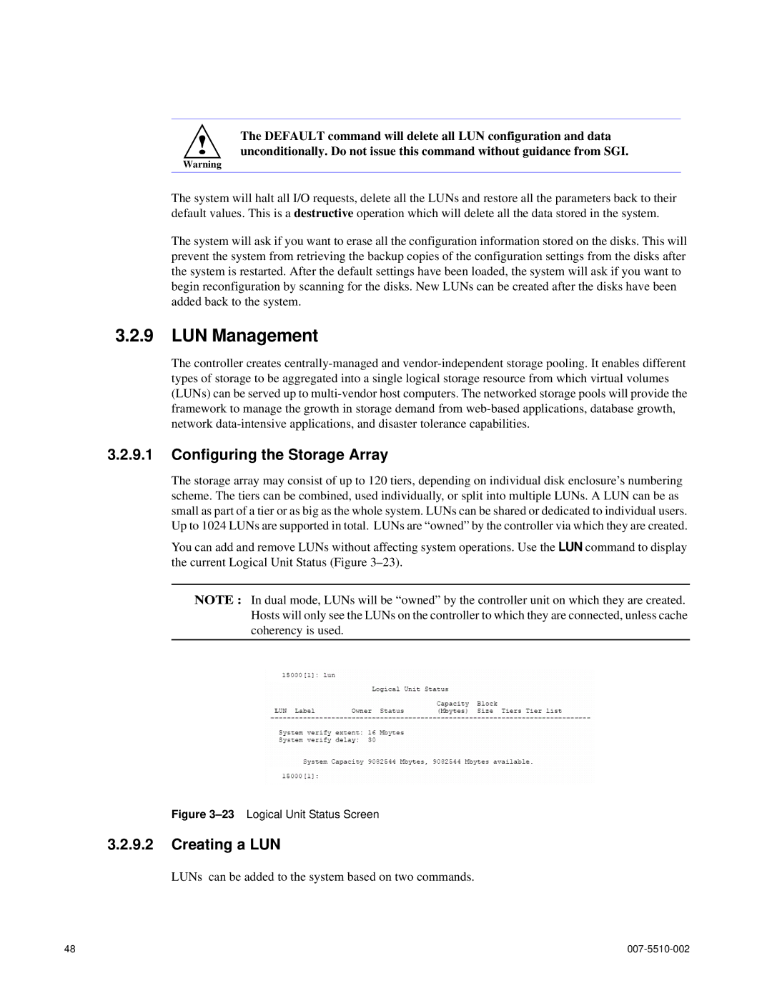 APC 15000 RAID manual LUN Management, Configuring the Storage Array, Creating a LUN 