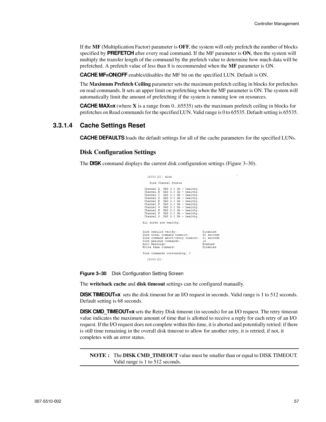 APC 15000 RAID manual Cache Settings Reset, Disk Configuration Settings 