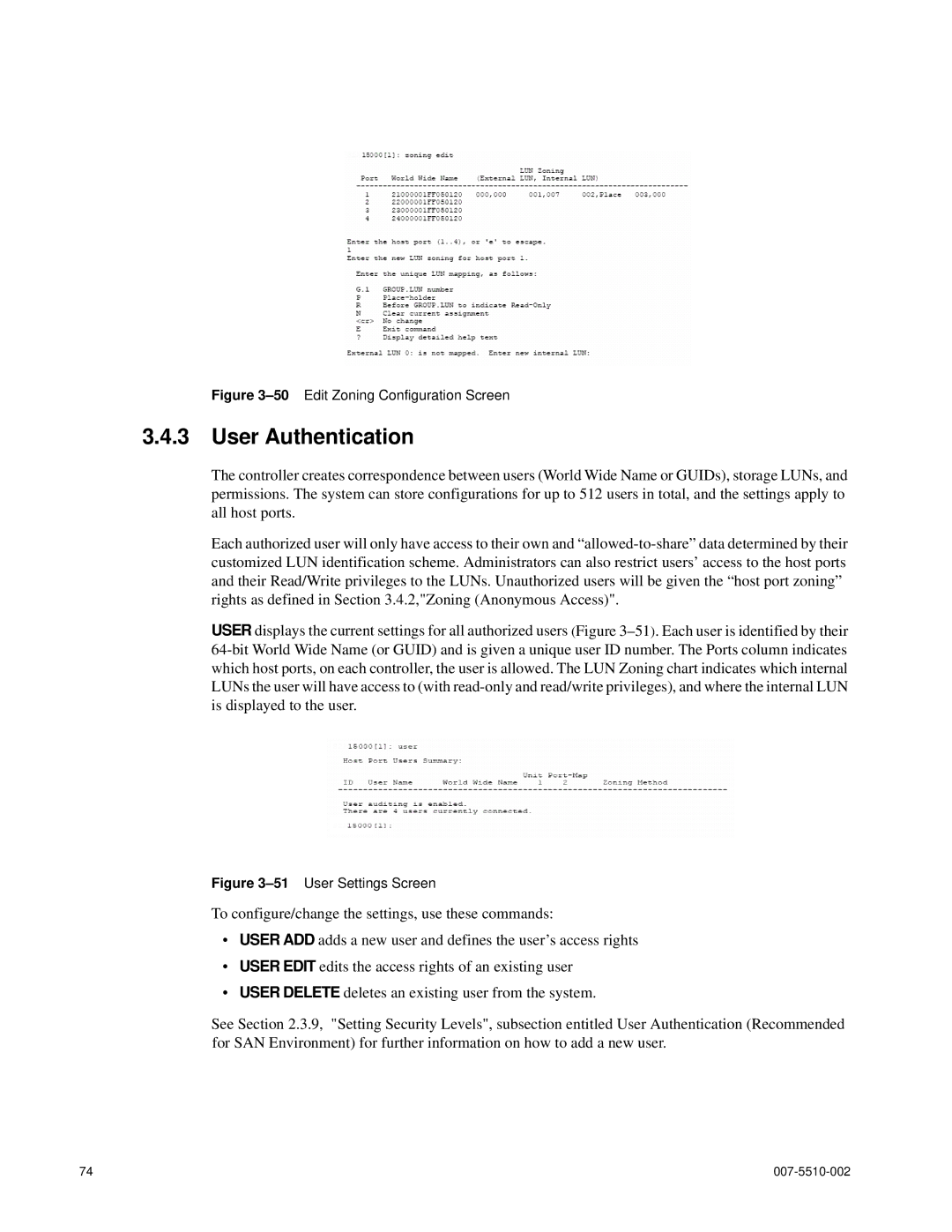 APC 15000 RAID manual User Authentication, 50Edit Zoning Configuration Screen 