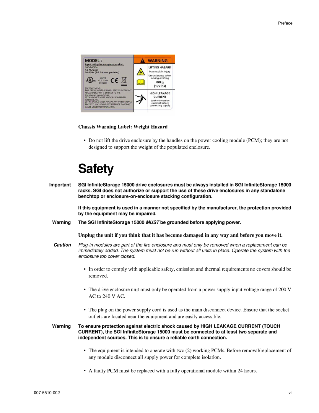 APC 15000 RAID manual Safety, Chassis Warning Label Weight Hazard 