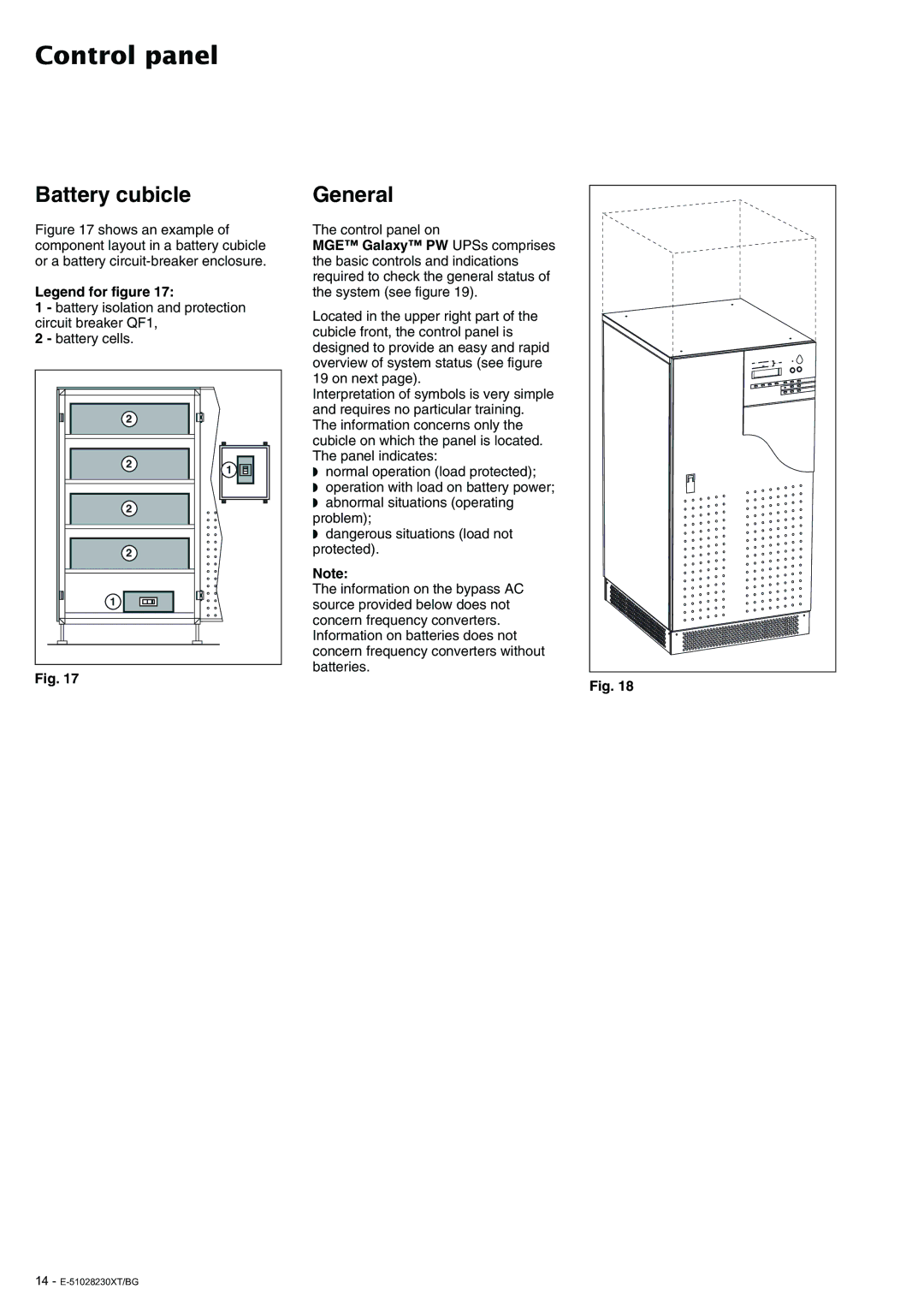 APC 20 - 200 KVA user manual Control panel, Battery cubicle, General 