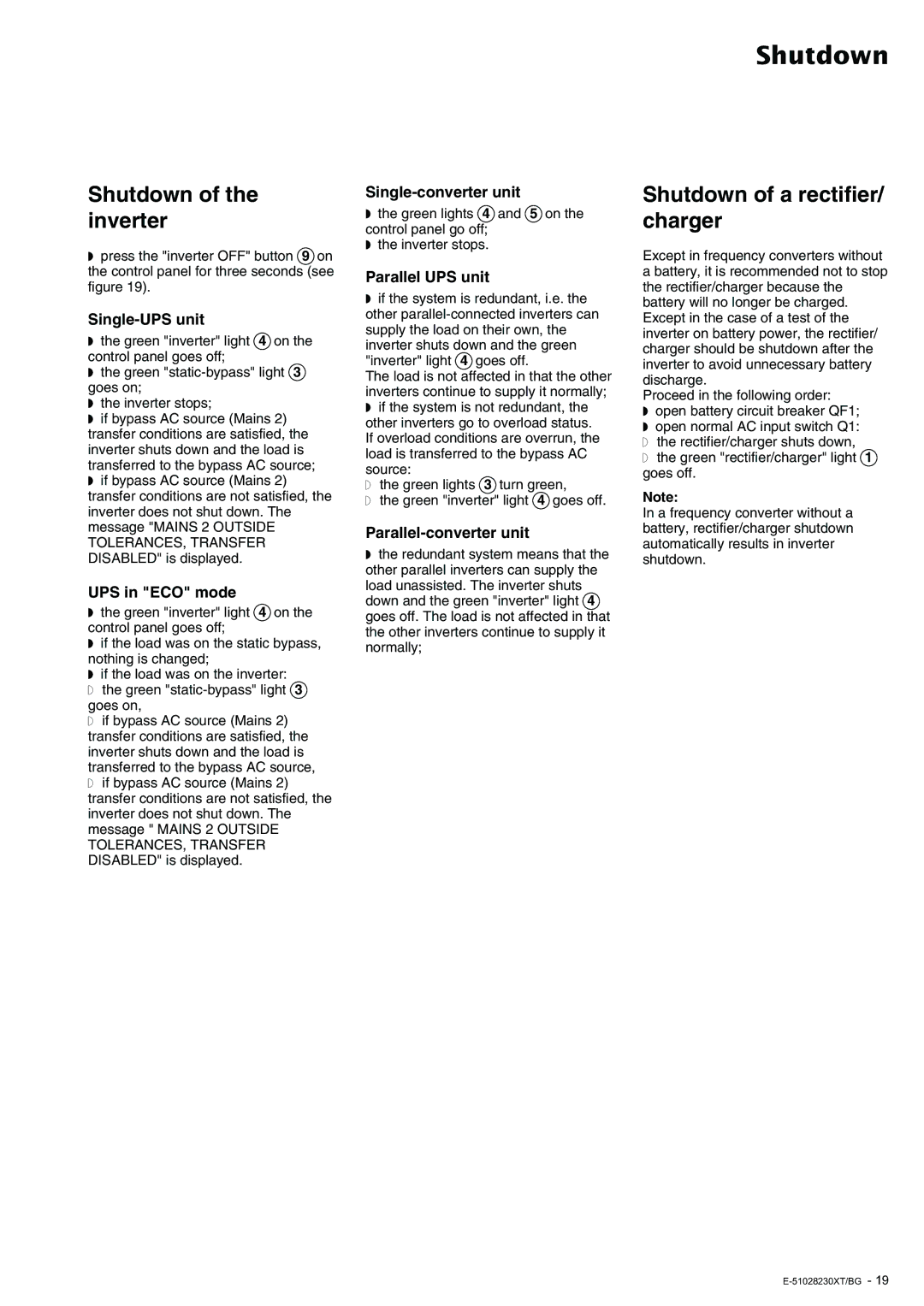 APC 20 - 200 KVA user manual Shutdown of the inverter, Shutdown of a rectifier/ charger, UPS in ECO mode 