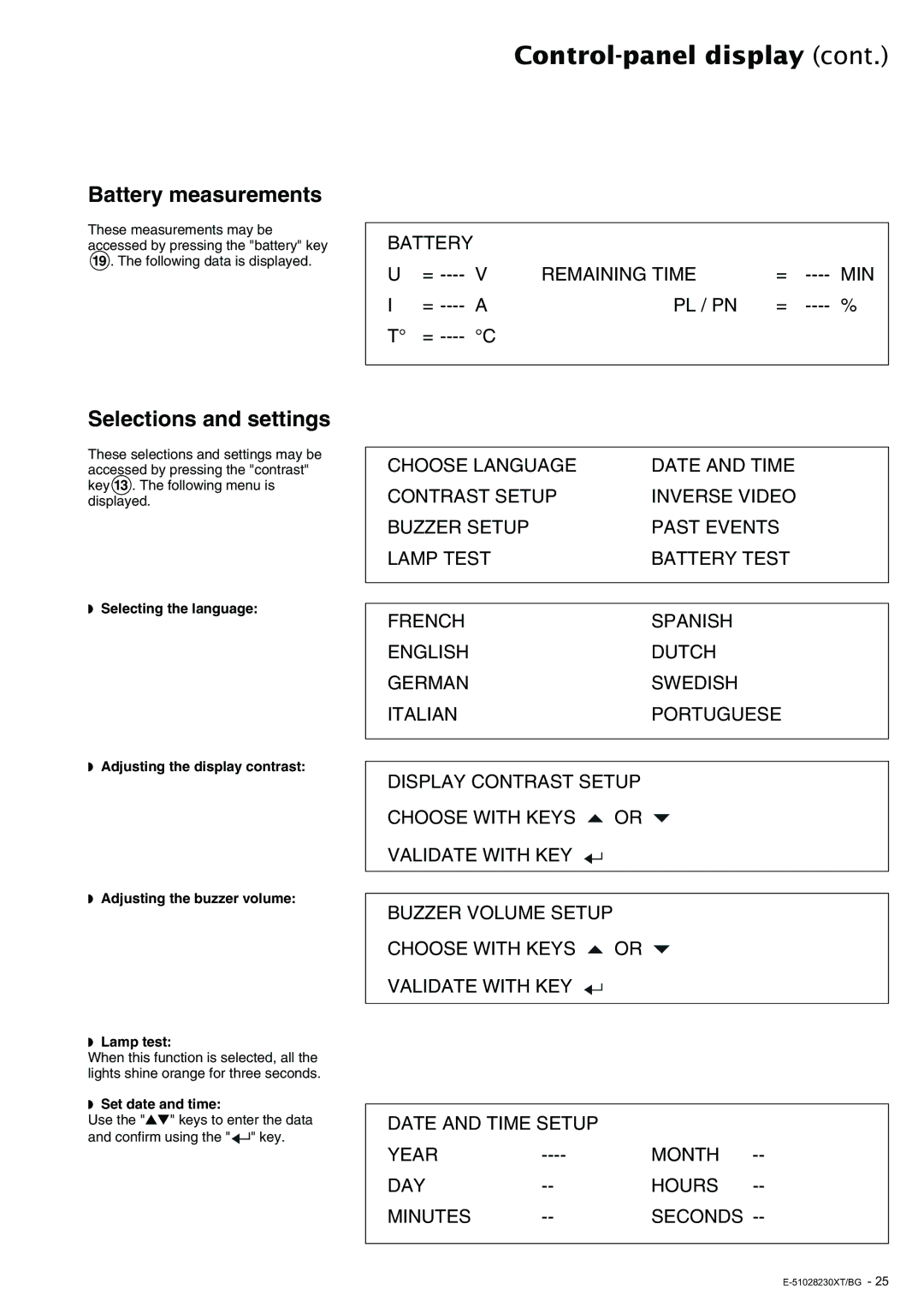 APC 20 - 200 KVA user manual Battery measurements, Selections and settings, Set date and time 